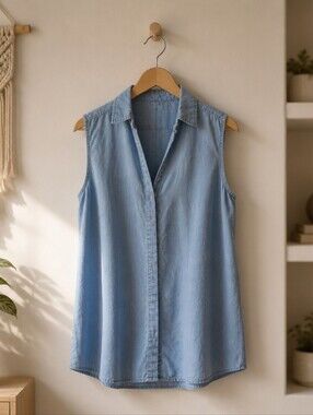 Sleeveless Light Blue Chambray Shirt - Women